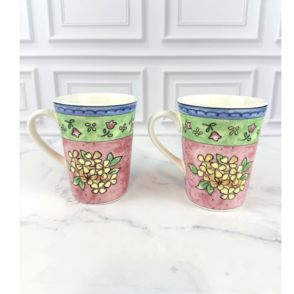 VTG PAIR (2) Watercolors by Sango Blueberry Sky Coffee Mug 4 1/4" Tall